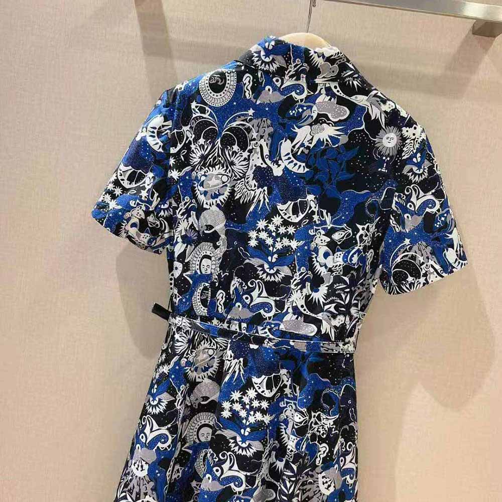 Dior Women Mid-Length Belted Dress Blue Dior Zodiac Fantastico Cotton Poplin - image 5
