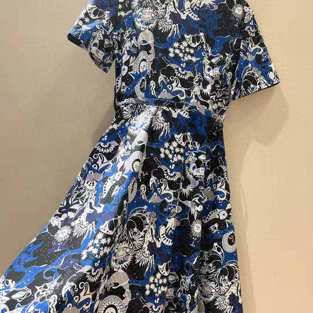 Dior Women Mid-Length Belted Dress Blue Dior Zodiac Fantastico Cotton Poplin - image 6