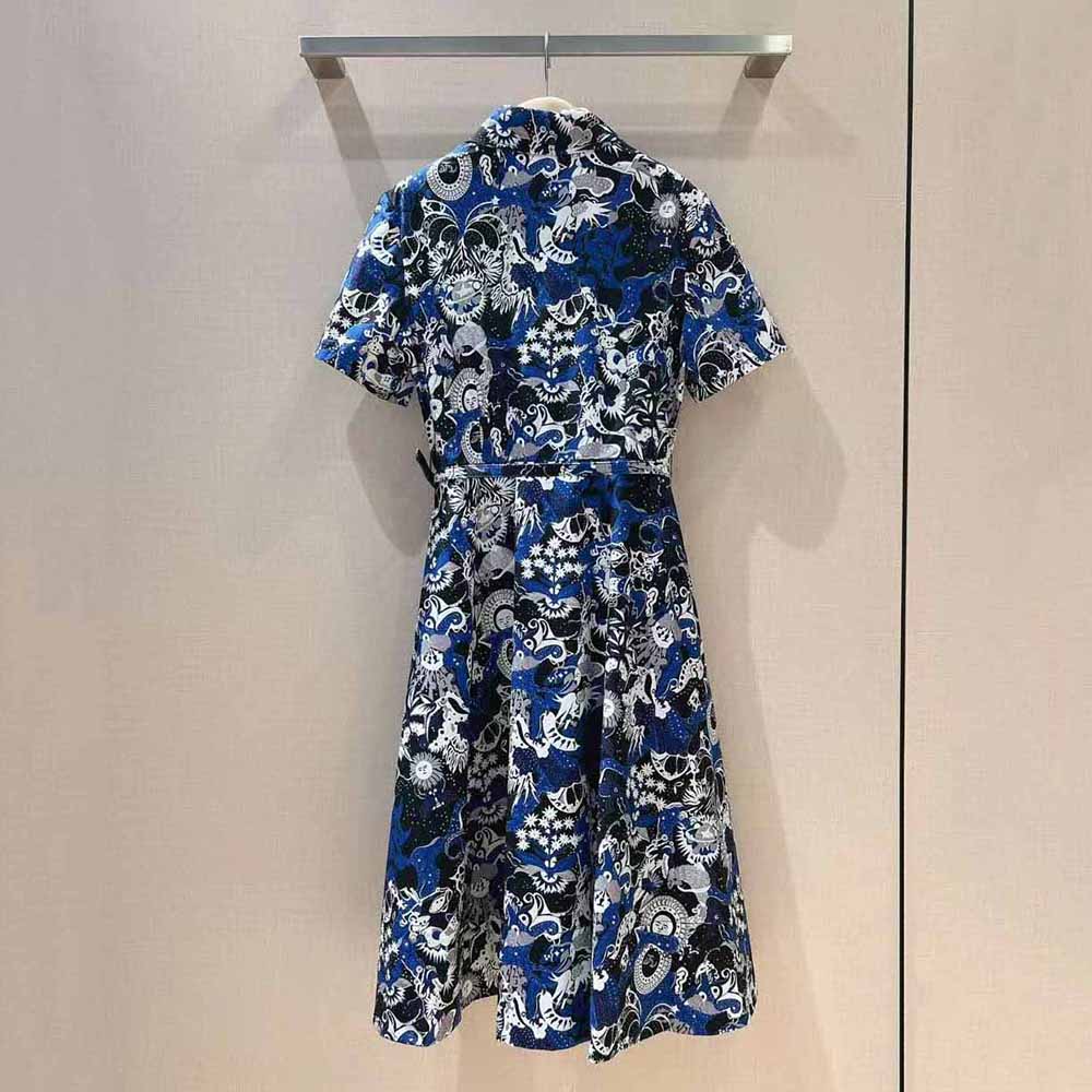 Side angle showing silhouette of Dior Women Mid-Length Belted Dress Blue Dior Zodiac Fantastico Cotton Poplin