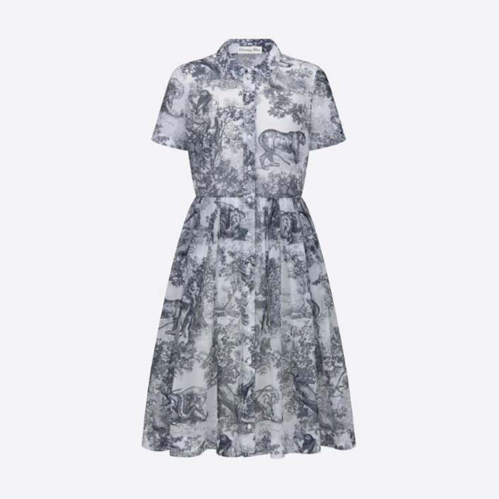 Front view of Dior Women Mid-Length Shirt Dress White and Navy Blue Toile de Jouy Cotton Voile
