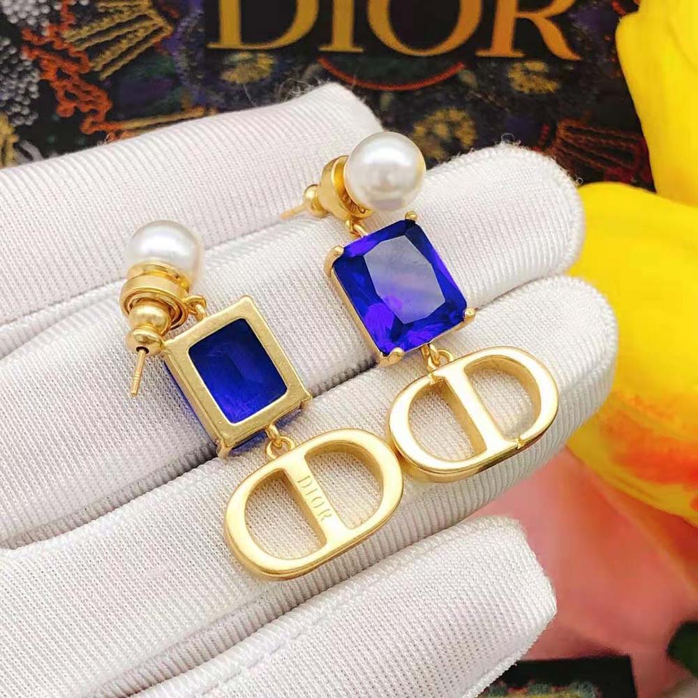 Dior Women Petit CD Earrings Gold-Finish Metal with White Resin Pearls and Fluorescent Blue Crystals - image 8