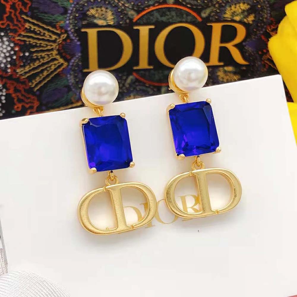 Dior Women Petit CD Earrings Gold-Finish Metal with White Resin Pearls and Fluorescent Blue Crystals - image 6
