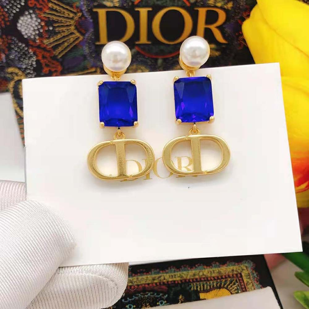 Dior Women Petit CD Earrings Gold-Finish Metal with White Resin Pearls and Fluorescent Blue Crystals - image 5
