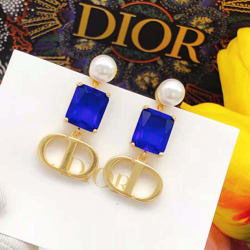 Dior Women Petit CD Earrings Gold-Finish Metal with White Resin Pearls and Fluorescent Blue Crystals - image 4