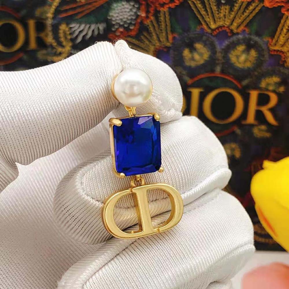 Dior Women Petit CD Earrings Gold-Finish Metal with White Resin Pearls and Fluorescent Blue Crystals - image 7