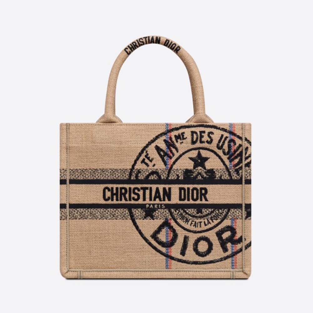 Front view of Dior Women Small Dior Book Tote Beige Jute Canvas Embroidered with Dior Union Motif