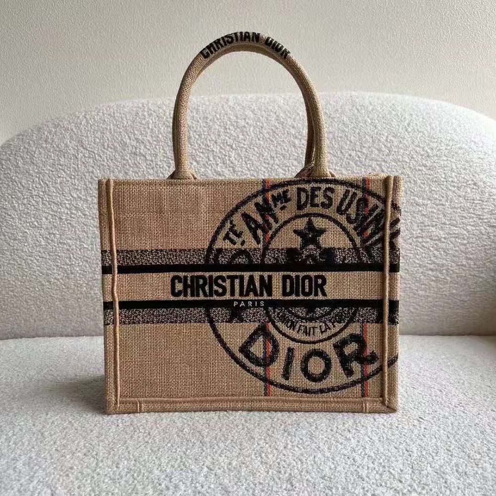 Close-up embroidery detail on Dior Women Small Dior Book Tote Beige Jute Canvas