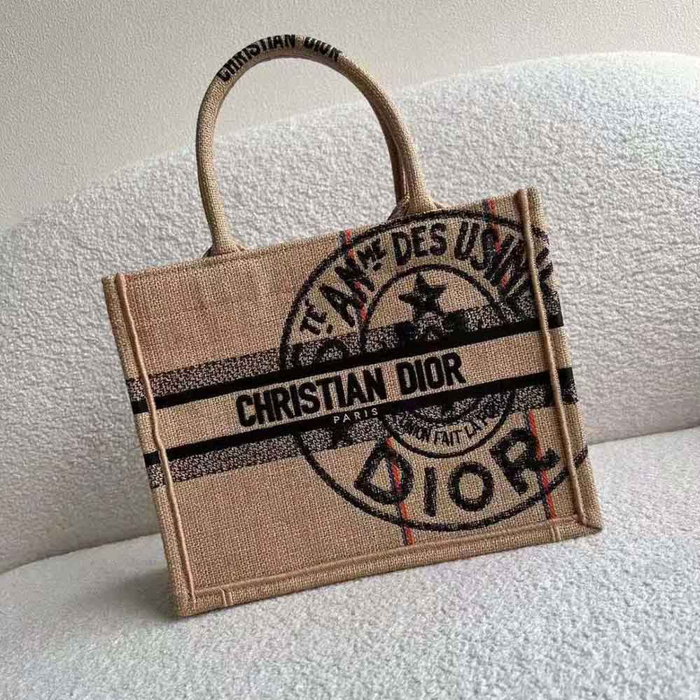Dior Women Small Dior Book Tote Beige Jute Canvas Embroidered with Dior Union Motif - image 4