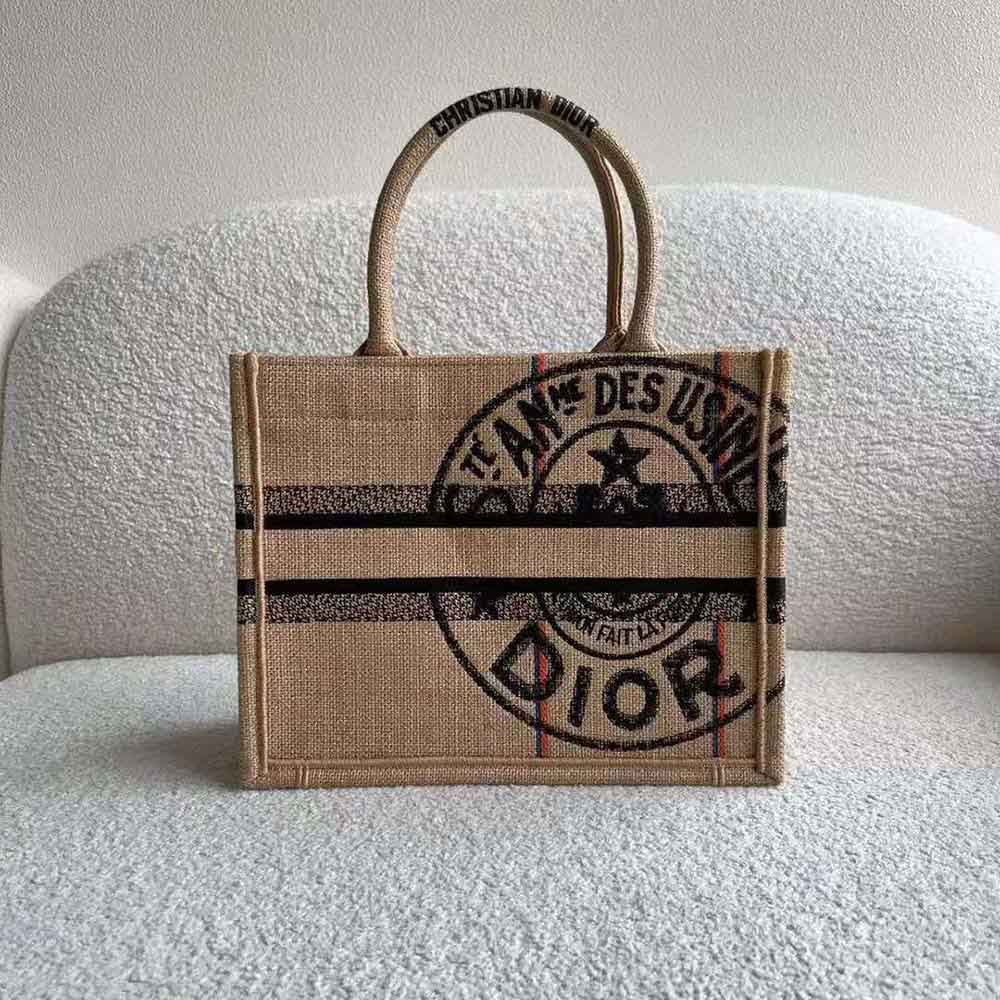 Side angle showing silhouette of Dior Women Small Dior Book Tote Beige Jute Canvas