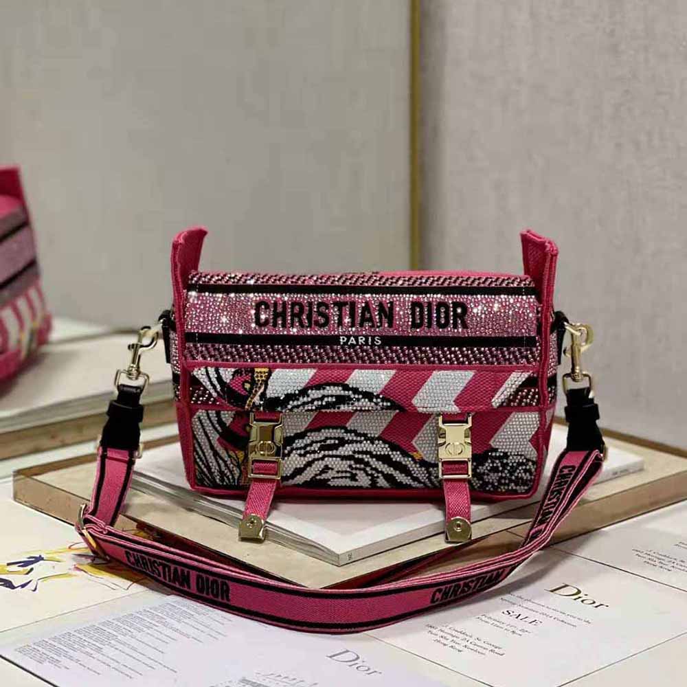 Close-up on silver strass detail and zipper of Dior Women Small Diorcamp Bag