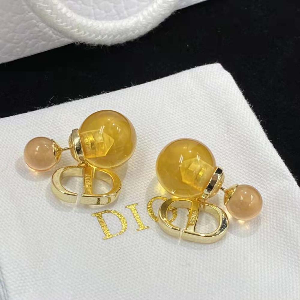 Side angle showing gold-finish metal and post closure of Dior Women Tribales Earrings