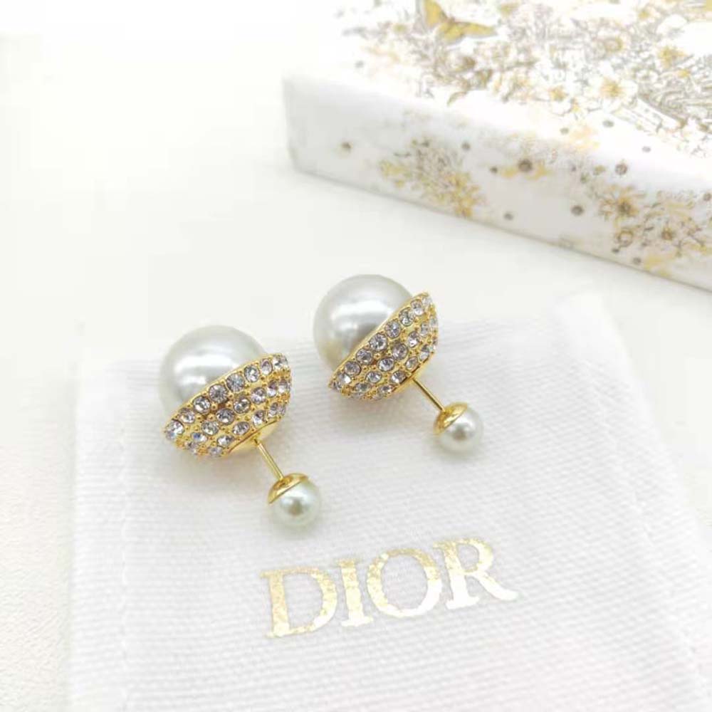 Close-up detail of white resin pearls and silver-tone crystals on Dior Women Tribales Earrings