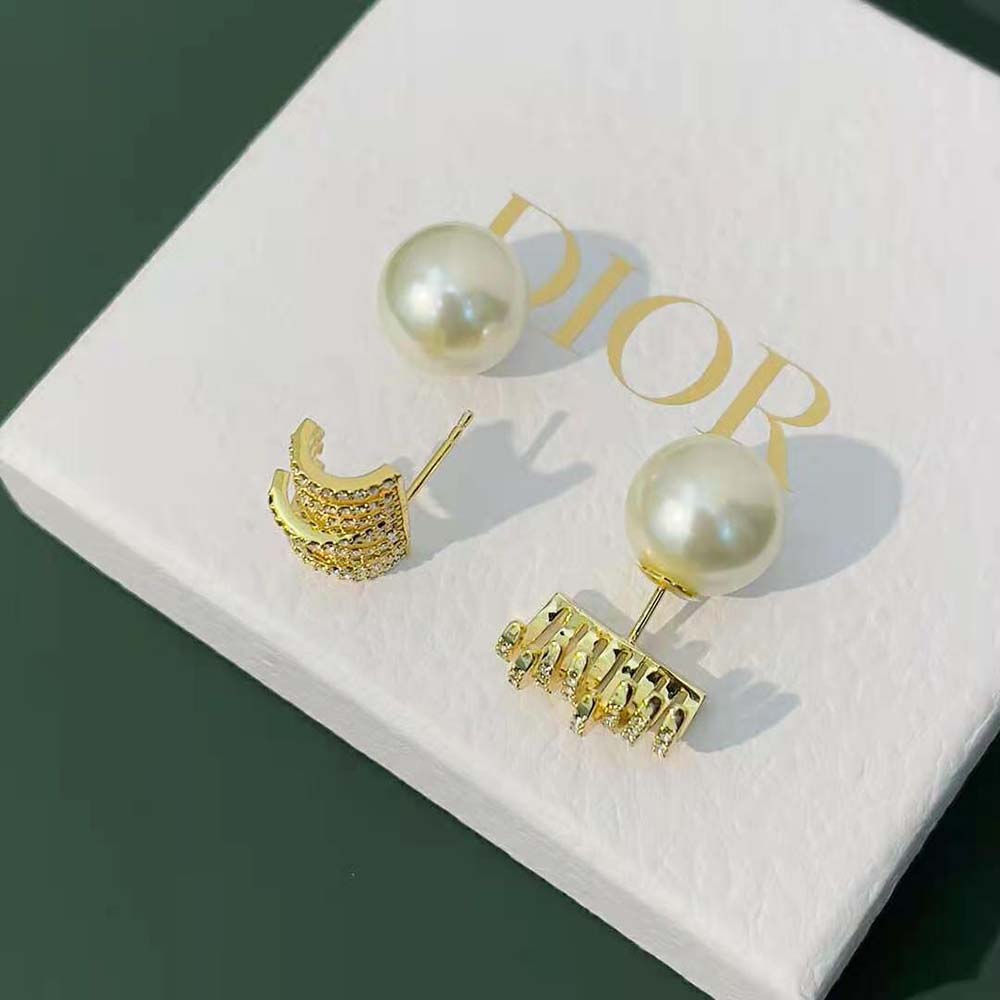 Dior Women Tribales Earrings Gold-Finish Metal with White Resin Pearls and White Crystals - image 4