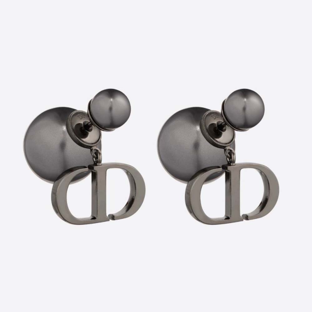 Close-up of Dior Women Tribales Earrings showing gray resin pearls