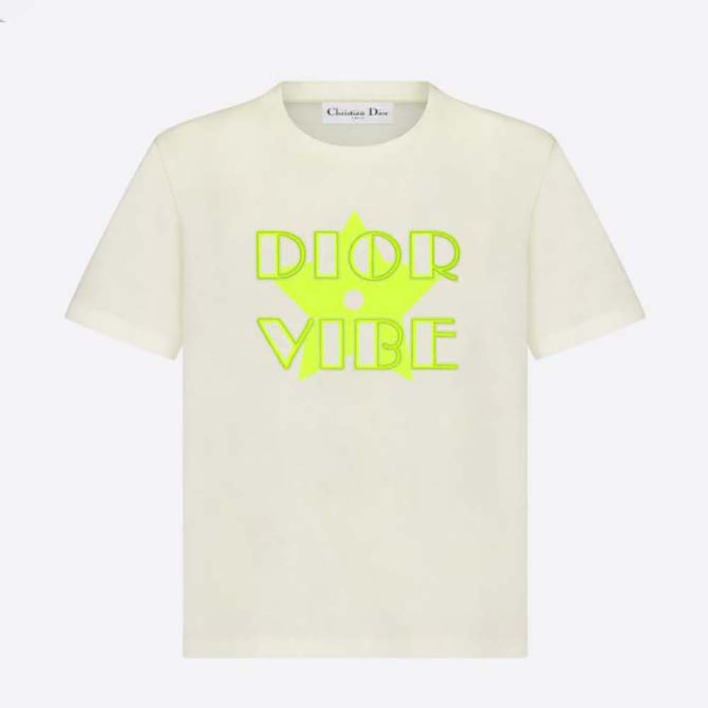 Front view of Dior Women Vibe T-shirt Ecru and Fluorescent Yellow