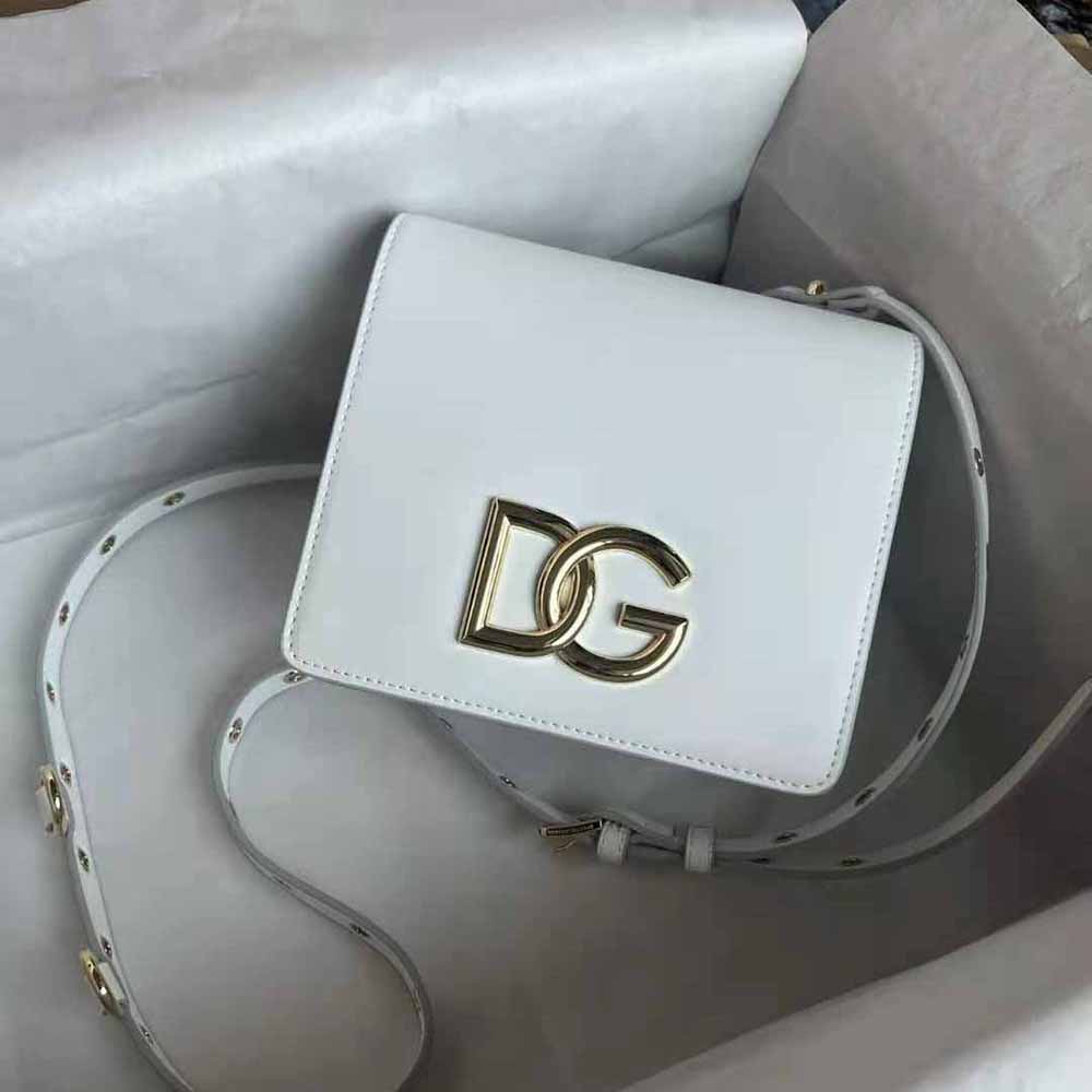 Side angle showing silhouette of Dolce Gabbana D&G Women Calfskin Crossbody 3.5 Bag-White