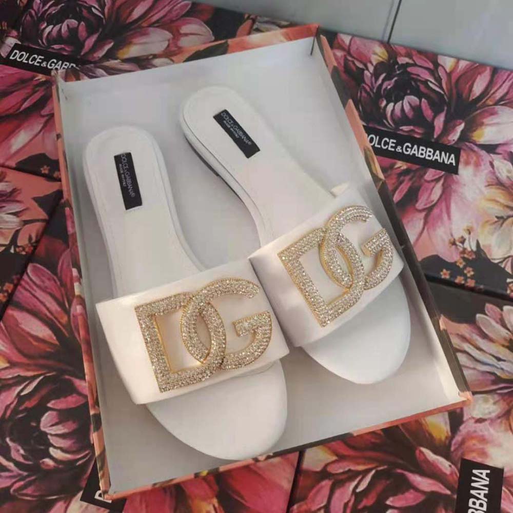 Top view showing open toe and cushioned footbed of Dolce Gabbana D&G slides