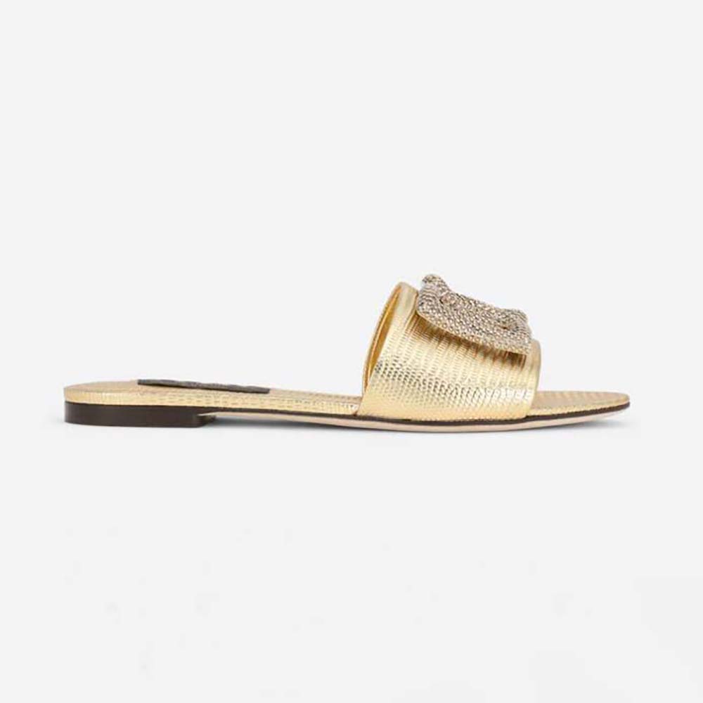 Side view of Dolce Gabbana D&G Women Foiled Iguana-Print Calfskin Slides gold color