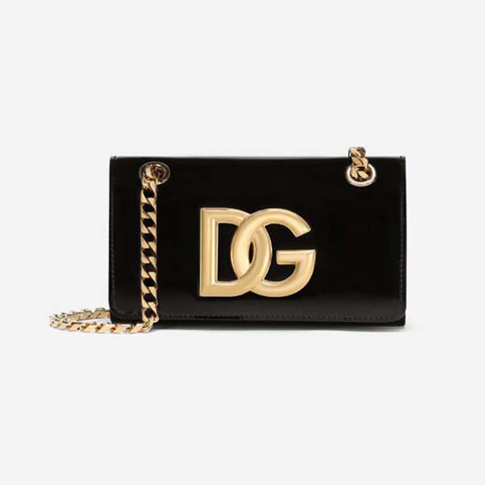 Front angle of Dolce Gabbana D&G Women Polished Calfskin 3.5 Phone Bag-Black