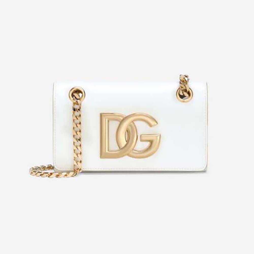 Front angle view of Dolce Gabbana D&G Women Polished Calfskin 3.5 Phone Bag-White