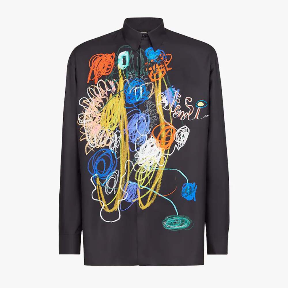 Front view of Fendi Men Black Cotton Shirt with Mid Italian Collar