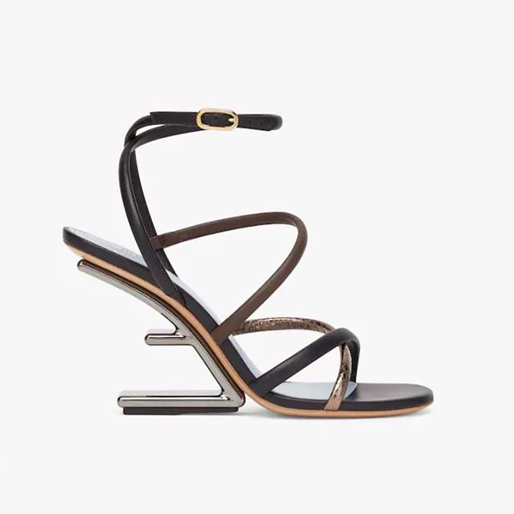 Side profile of Fendi Women First Brown Nappa Leather High-Heeled Sandals