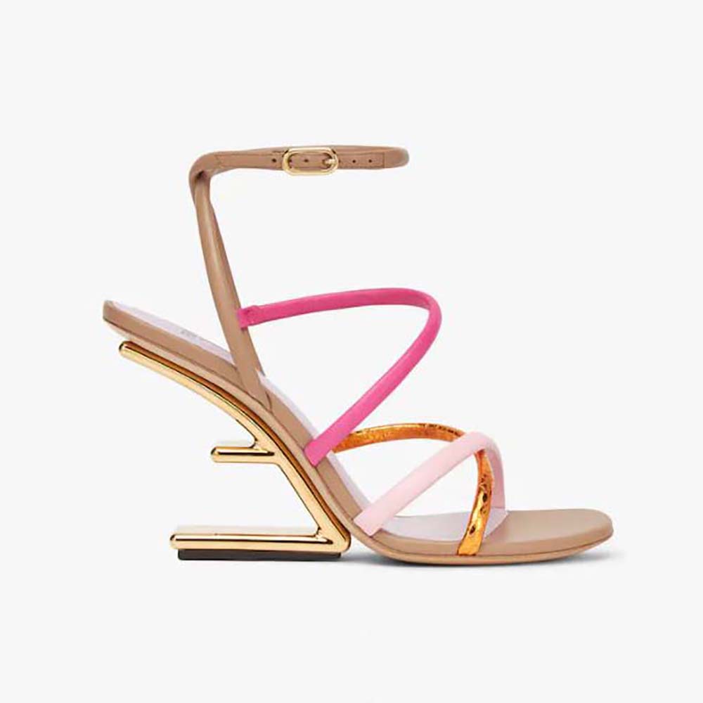 Side view of Fendi Women First Pink Nappa Leather High-Heeled Sandals
