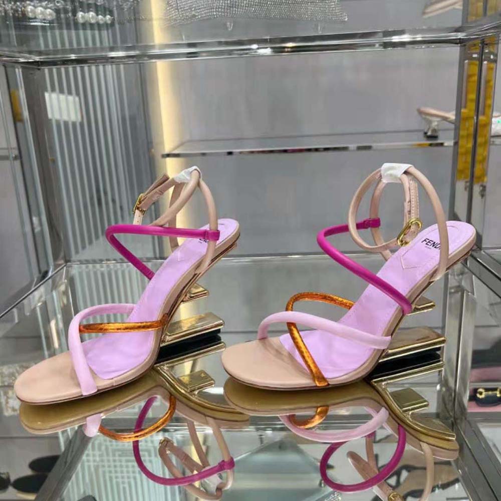 Close-up of gold Fendi buckle on Pink Nappa Leather High-Heeled Sandals
