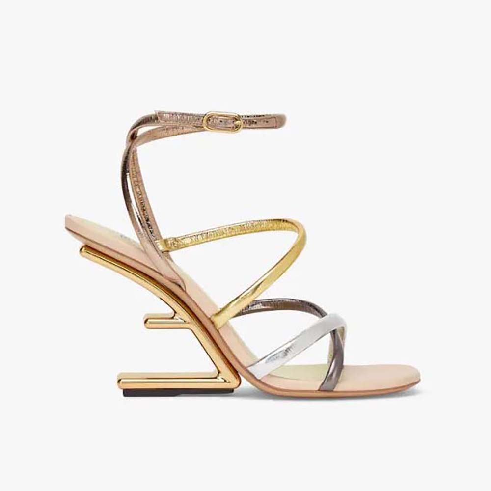 Side view of Fendi Women First Silver Nappa Leather High-Heeled Sandals
