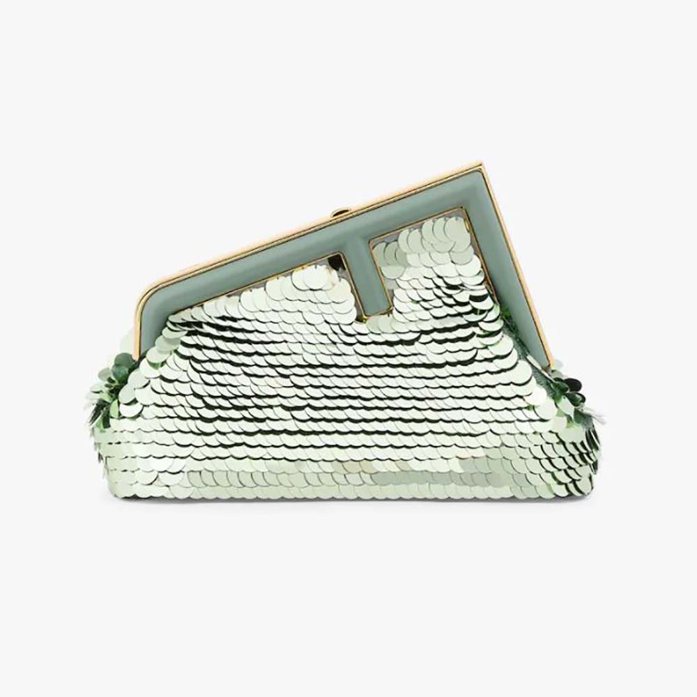 Front view of Fendi Women First Small Green Sequinned Bag with gold hardware