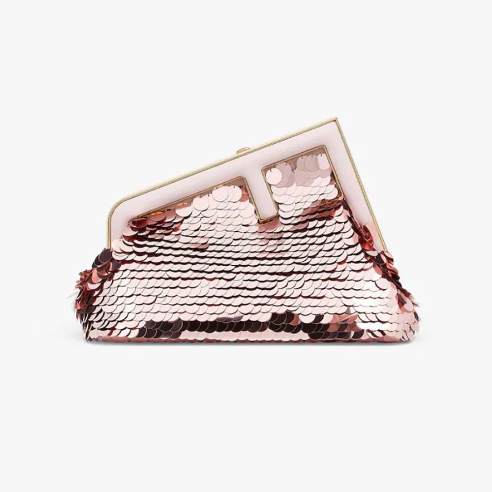 Front view of Fendi Women First Small Pink Sequinned Bag with flap closed