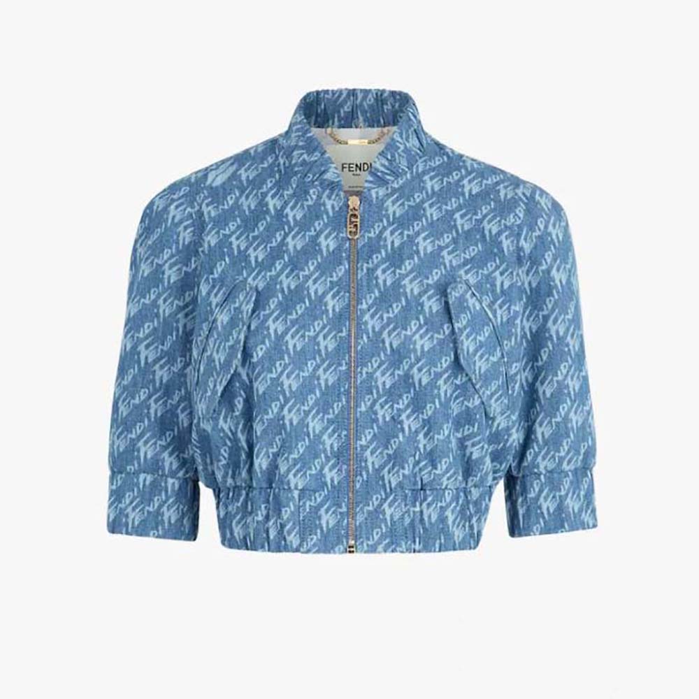 Front view of Fendi Women Light Blue Chambray Jacket buttoned