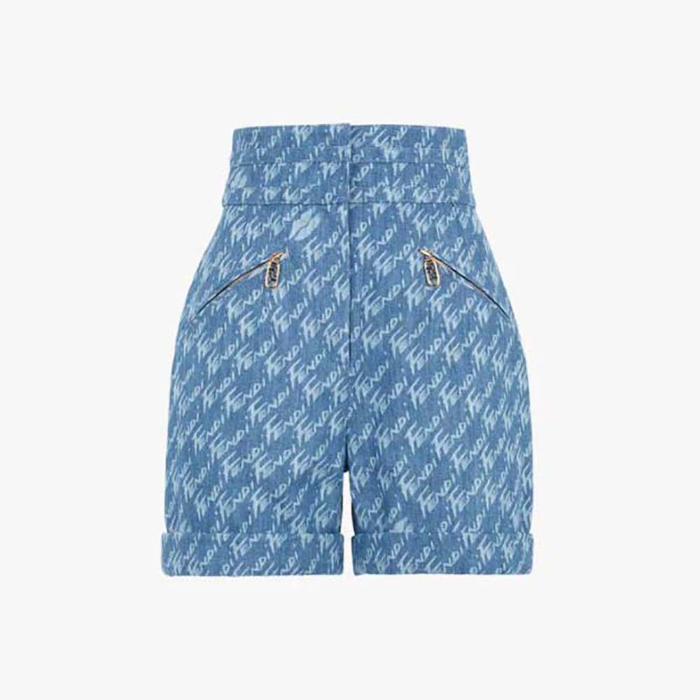 Front view of Fendi Women Light Blue Chambray Shorts showing relaxed fit