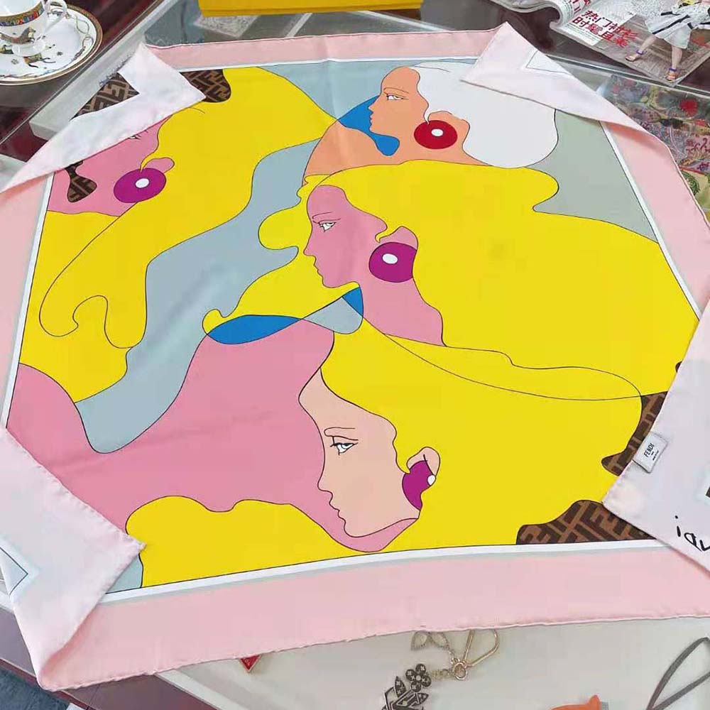 Close-up detail of silk texture on Fendi Women Show Foulard Multicolor Silk Foulard-Yellow