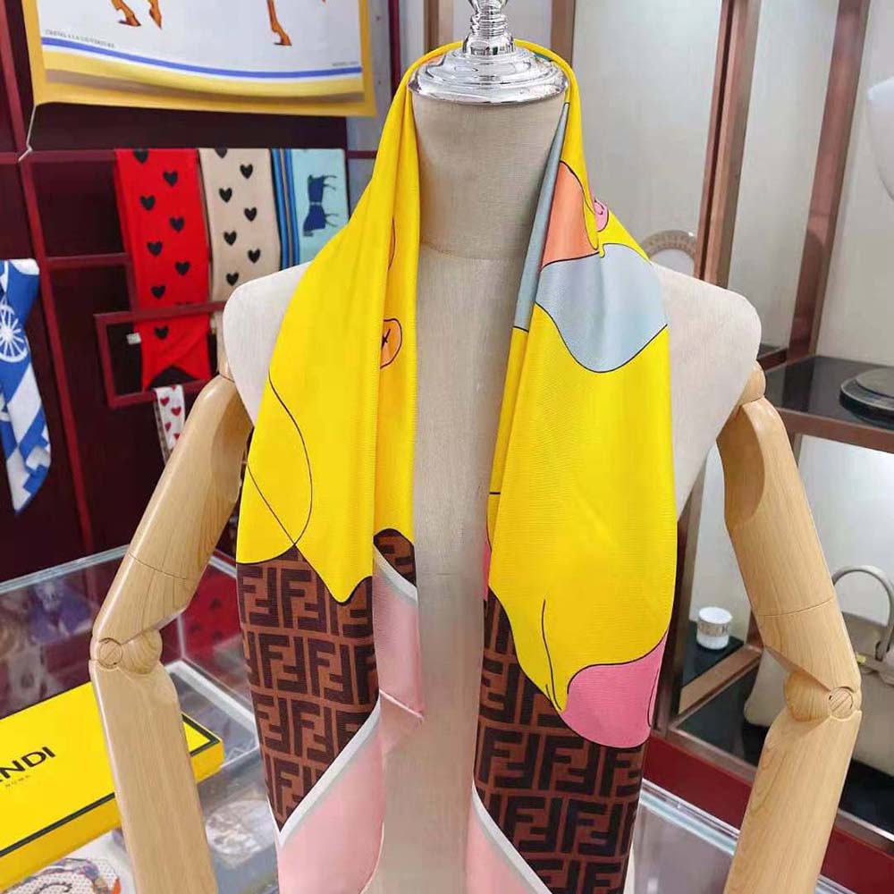 Fendi Women Show Foulard Multicolor Silk Foulard-Yellow styled as head wrap