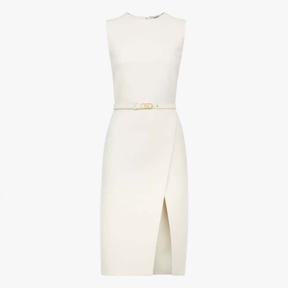 Front view of Fendi Women White Wool and Silk Dress with fitted waist