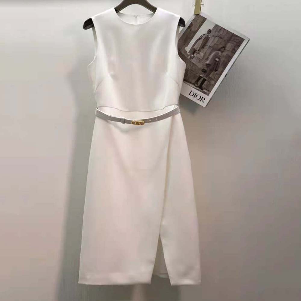 Close-up of cross-over skirt detail on Fendi Women White Wool and Silk Dress
