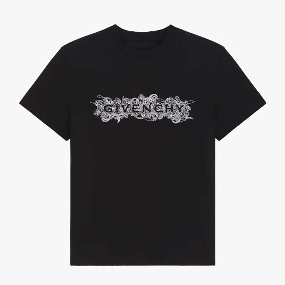 Front view of Givenchy Women T-shirt in 4G GIVENCHY Embroidered Jersey black