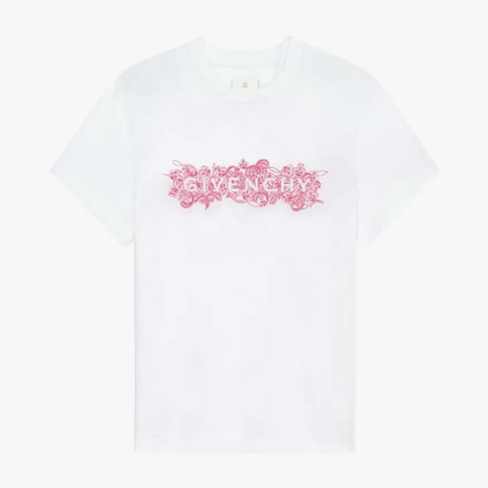 Front view of Givenchy Women T-shirt in 4G GIVENCHY Embroidered Jersey-Pink