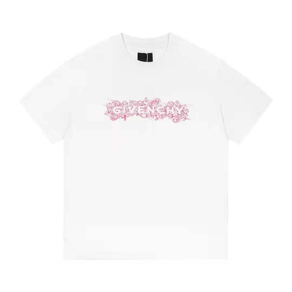 Close-up of 4G embroidered logo detail on pink Givenchy T-shirt