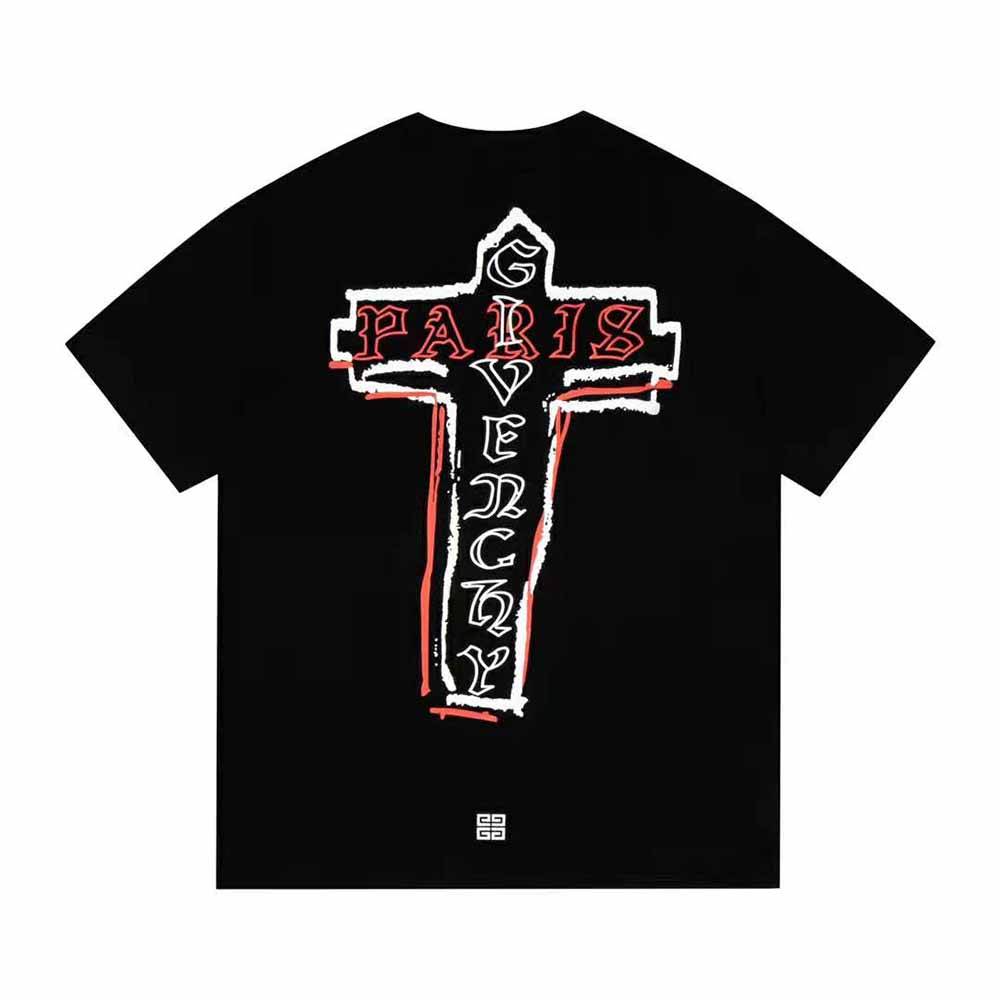 Close-up of signature GIVENCHY PARIS logo on black jersey T-shirt