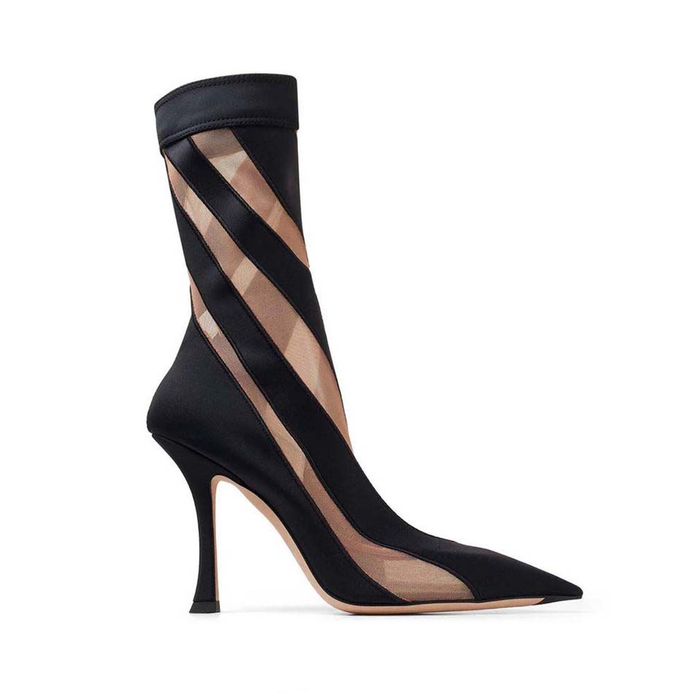 Side profile of Jimmy Choo Women Mugler Sock Ankle Boot black sheer fabric