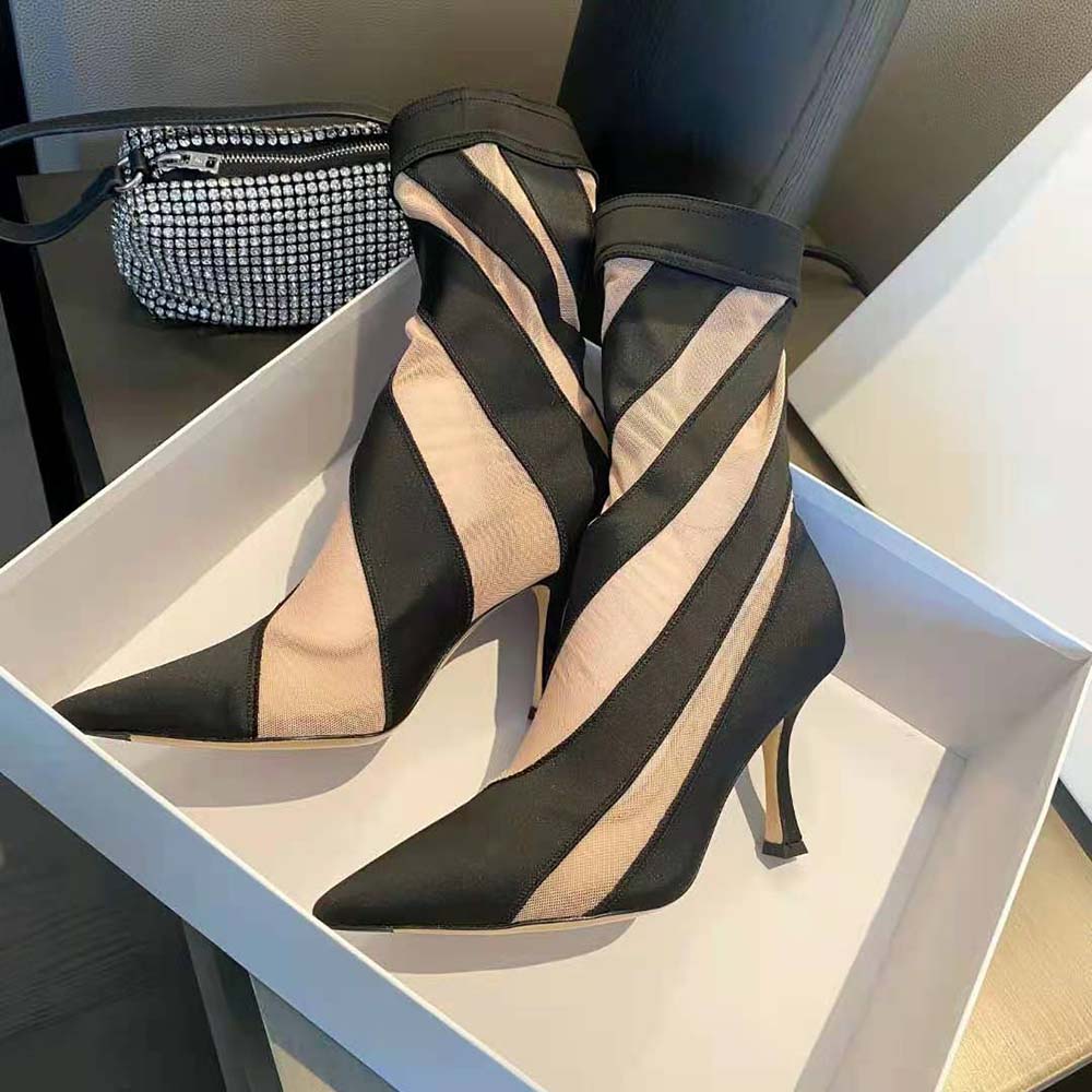 Front view of Jimmy Choo Women Mugler Sock Ankle Boot with sleek silhouette