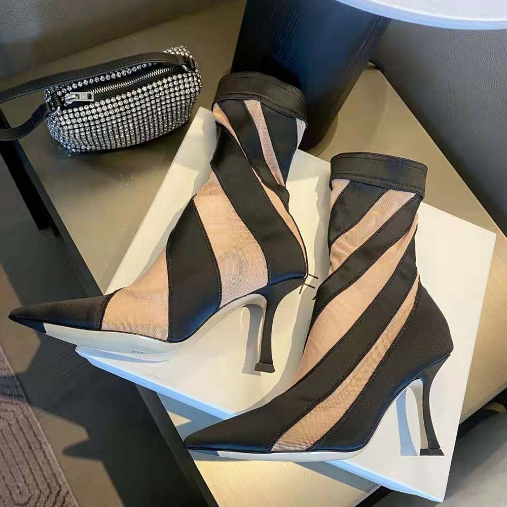 Jimmy Choo Women Mugler Sock Ankle Boot Black and Nude Sheer Spiral Stretch Fabric - image 5