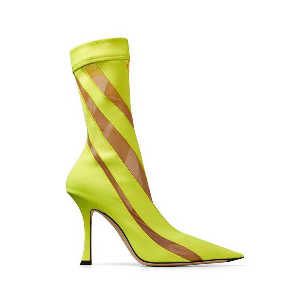 Side profile of Jimmy Choo Women Mugler Sock Ankle Boot Neon Yellow and Nude Sheer Spiral Stretch Fabric