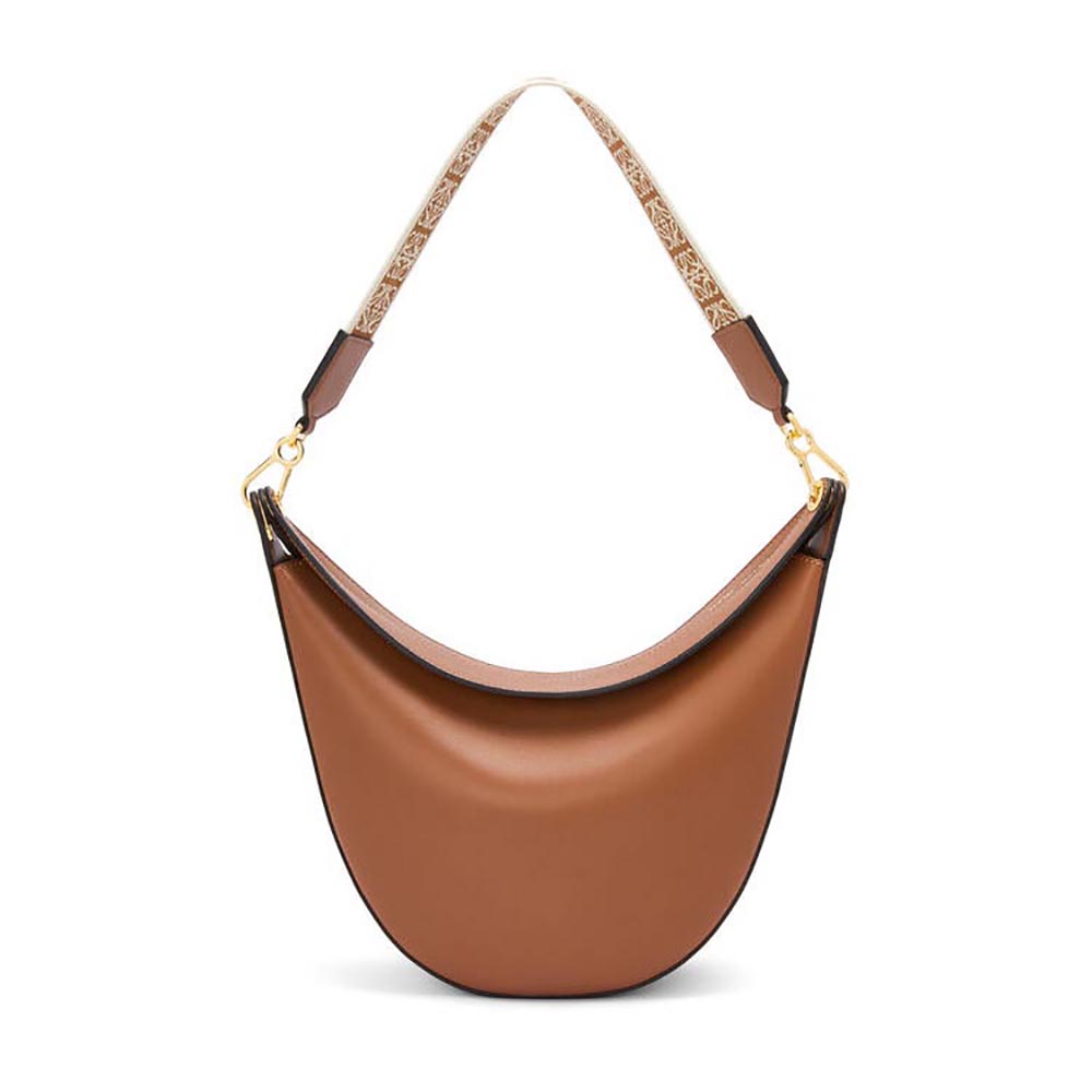 Side angle of Loewe Women Luna Bag in Satin Calfskin and Jacquard-Brown