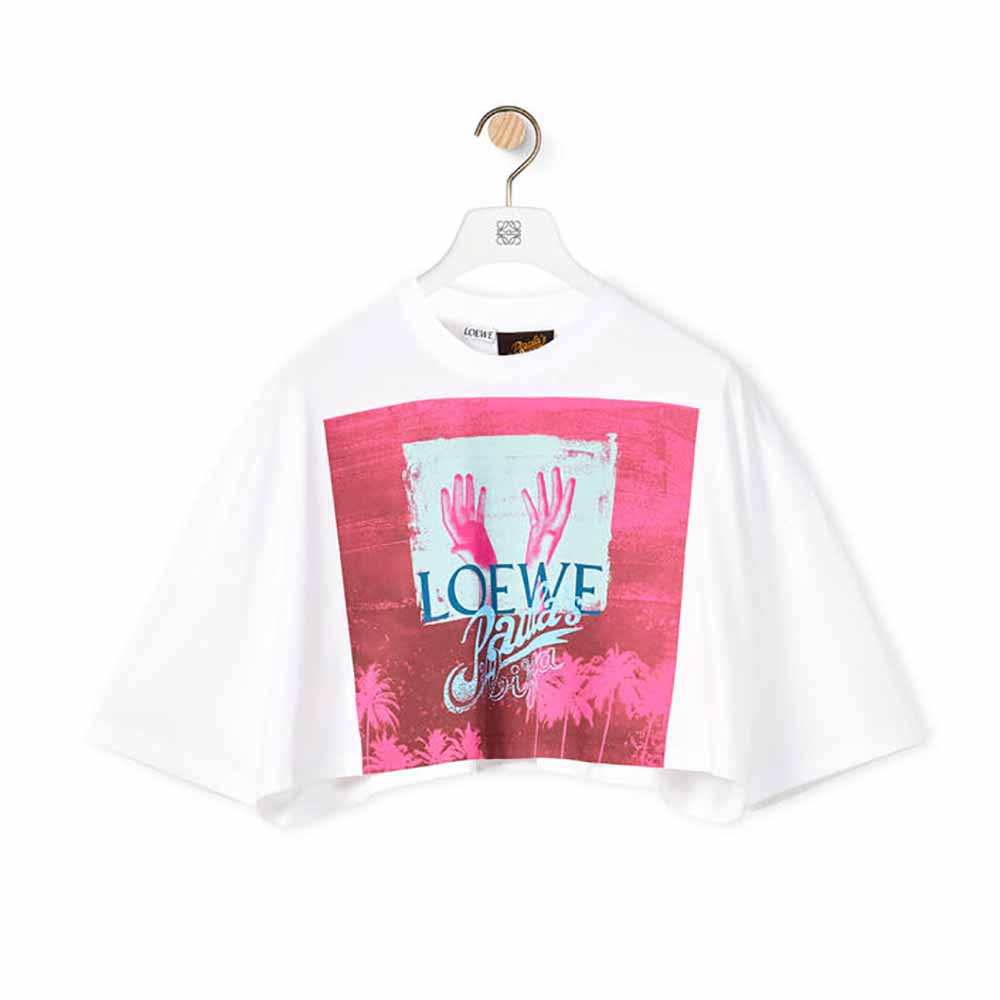 Front view of Loewe Women Palm Cropped T-shirt in Cotton-Pink