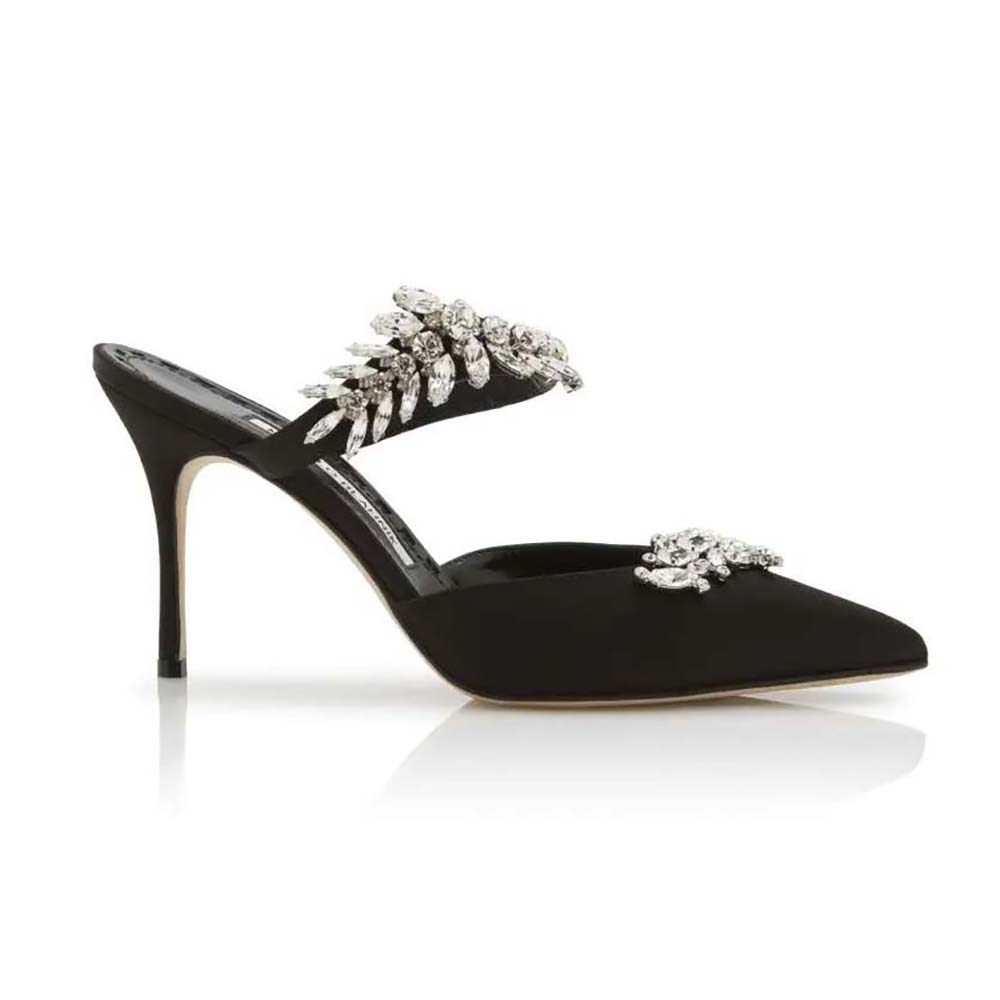 Side view of Manolo Blahnik Women Black Satin Crystal Embellished Mules