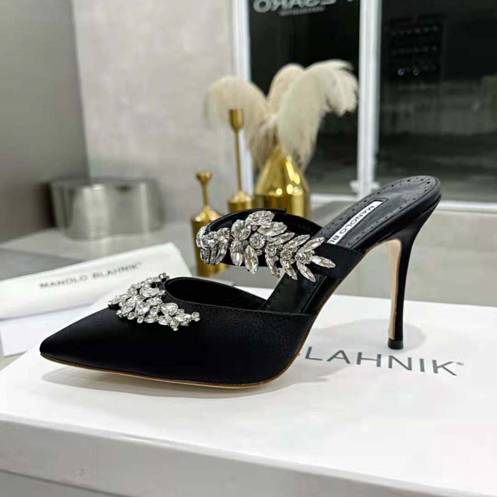 Manolo Blahnik Women Black Satin Crystal Embellished Mules - image 5