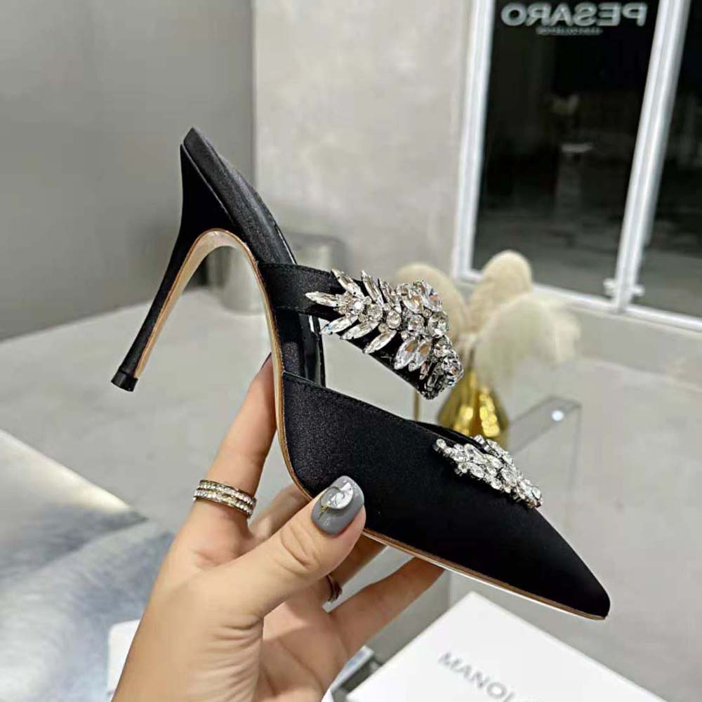 Manolo Blahnik Women Black Satin Crystal Embellished Mules - image 6
